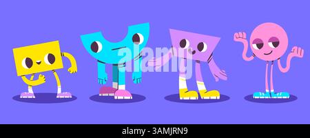 Geometric doodle character illustrations - happy figures of rectangle and semicircle, trapezoid and circle with smiling facial features, arms and legs. Colorful cartoon simple geometric shapes set. Stock Vector