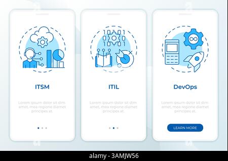 ITSM methodologies blue onboarding mobile app screen Stock Vector