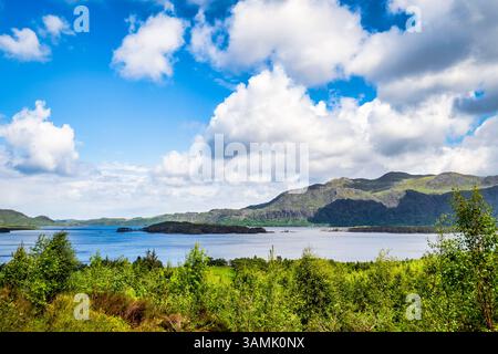 Loch Maree in Ross and Cromarty, Highland Region, Scotland, from the overlook near the head of Victoria Falls. The islands visible are Eilean Ruairidh Stock Photo