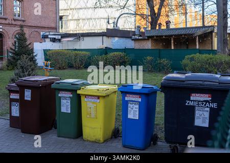 Poznan, Poland - April 8, 2025: Row of labeled recycling and waste bins in brown, green, yellow, blue, and black used for eco-friendly trash segregati Stock Photo