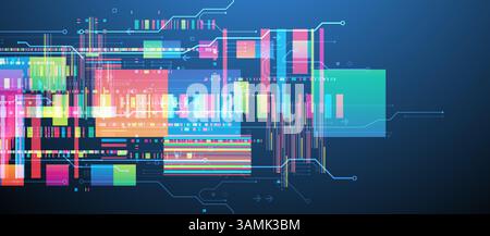 Technological background with colorful squares glowing on a blue gradient. Vector. Stock Vector