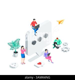 isometric people with a smartphone and tablets near a large message icon, in color on a white background, sending a message or comment Stock Vector