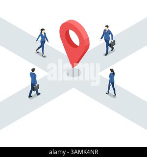 isometric vector business people walking to the center of the intersection to the location icon, in color on a white background, intersection of roads Stock Vector