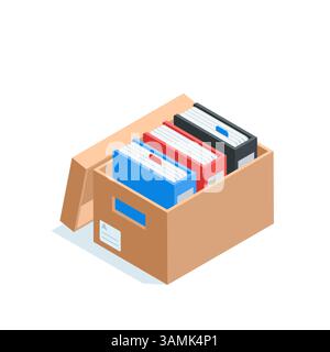 isometric vector archive box with folders, in color on white background, archive or file storage Stock Vector