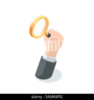 isometric vector male hand raised up holding a magnifying glass, in color on a white background, analytics and verification or data search Stock Vector