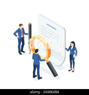 isometric vector business people with a pencil and a magnifying glass stand near a paper document, in color on a white background, study a document or Stock Vector