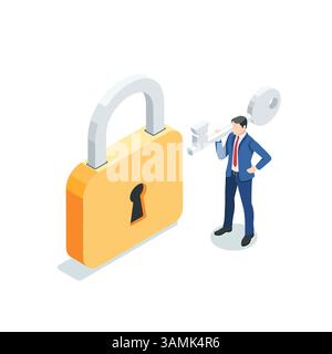 isometric vector business man with a key stands near the lock, in color on a white background, data access or password Stock Vector