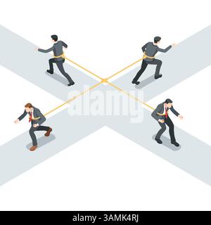 isometric vector business people tied together with ropes pull each other in different directions at an intersection, in color on a white background, Stock Vector