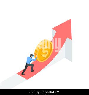 isometric vector business man rolling gold coin with dollar icon up arrow, in color on white background, financial growth or efficiency Stock Vector