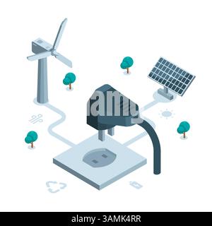 socket with plug and solar panel isometric icon with wind generator, in color on white background, renewable energy or clean power Stock Vector