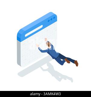 isometric vector business man flies up to the program window, in color on a white background, digital virtual space or internet portal Stock Vector