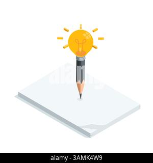 isometric vector pencil with a light bulb on a stack of papers, in color on a white background, idea generator or creative Stock Vector