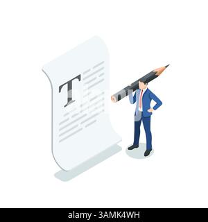 isometric vector business man with a pencil near a text document, in color on a white background, working with text or editing Stock Vector