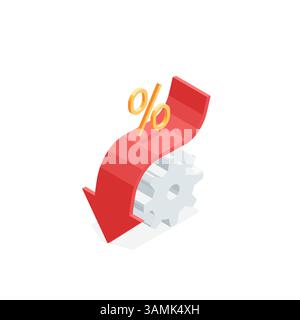 isometric vector downward arrow over gear with percent icon, in color on white background, financial decline or falling income Stock Vector
