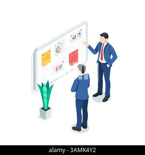 isometric vector business men stand near a board with information, in color on a white background, working in an office with statistical data Stock Vector