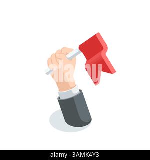 isometric vector male hand raised up holding a flag, in color on a white background, leader or achieving success and goal Stock Vector