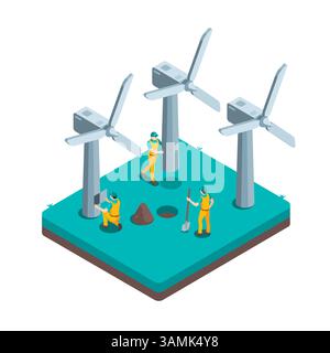 workers install wind turbines, isometric vector, in color on white background, green energy or clean electricity company Stock Vector