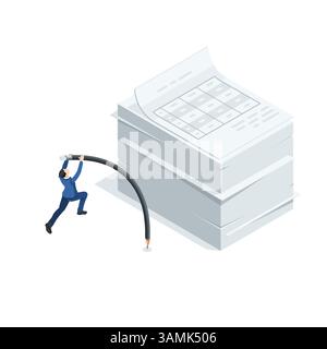 isometric vector business man makes a jump up with a pole in the form of a pencil on a stack of documents, in color on a white background, high jump o Stock Vector