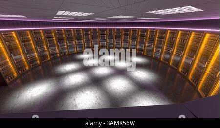 Server room hosting big data with bright lights illuminating floor 3d Stock Photo