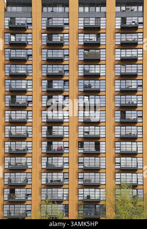 Close-up shot of apartment blocks on London City Island, a new residential development on Bow Creek, Canning Town, London, UK. Stock Photo