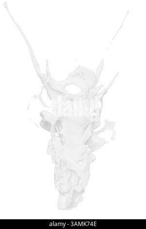 striking visual represents a creative splash of liquid milk that forms the shape of a splash. artwork is featured against a plain white background, en Stock Photo