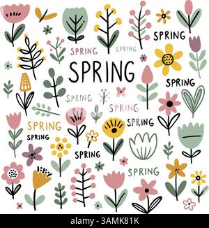 Spring Floral Illustration with Hand Drawn Flowers Stock Vector