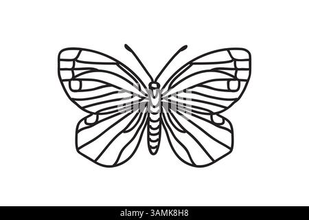 Line art botanical butterfly, drawing black outline isolated on white background. Hand drawn butterfly vector illustration. Graphic design doodle elem Stock Vector