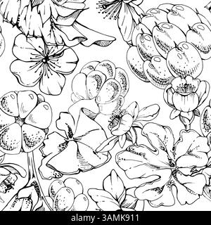Cloudberry raspberry white flowers, autumn leaves hand drawn vector ink, line ripe forest berry on stems. Seamless pattern tile isolated illustration Stock Vector