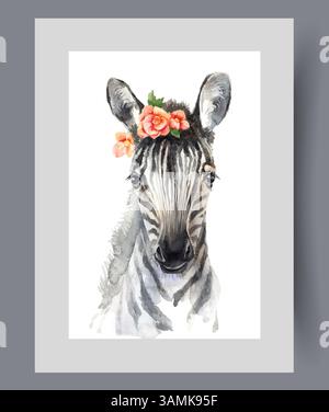 Striped zebra with wreath of flowers on head and beautiful eyes on wall art. Watercolor artwork Stock Vector