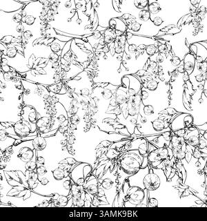 Currant gooseberry with green leaves, long flower clusters, garden berry hanging on branches. Isolated seamless pattern hand drawn in vector ink Stock Vector
