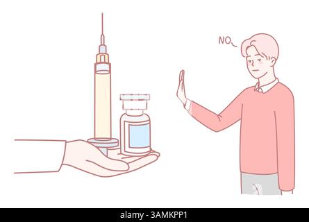 An artistic illustration showcasing vaccine hesitancy, featuring a person visibly rejecting a syringe and vial Stock Vector