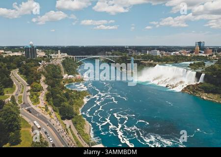 Aerial view of Niagara falls with bridge over the river, United States of America. Stock Photo