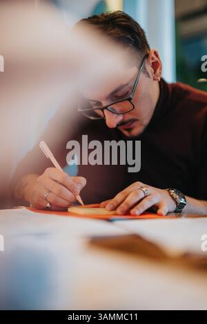 Man Focused on Writing Notes During a Professional Brainstorming Session Stock Photo