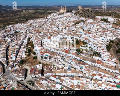 Aerial view of picturesque old town with whitewashed buildings and scenic rooftops, Olvera, Spain. Stock Photo