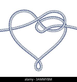 Abstract monoline rope heart frame emblem. Vector continuous line sketch illustration of nautical cord. Design elements for banner, poster, print, car Stock Vector