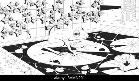 Peaceful frog on lily pad in pond against ivy wall lofi illustration outline Stock Vector