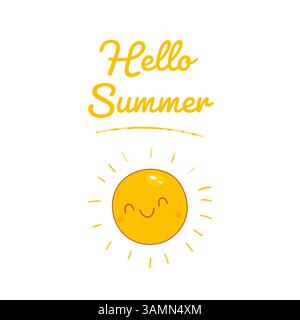 Bright illustration of a happy sun under the phrase hello summer in playful yellow handwritten text with sunny vibe Stock Vector