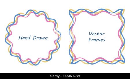 Rainbow line frame, cute border Set. Hand drawn ink brush wave stoke, doodle style. Circle wreath, square geometric shape. Empty frames for text space Stock Vector