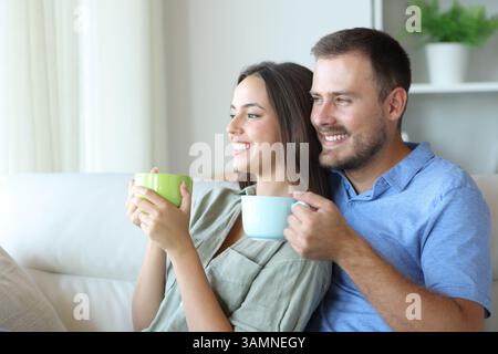 Happy couple smiling and drinking coffee sitting on a couch at home Stock Photo