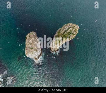 Aerial view of the Three Brothers rock formation in Kamchatka, rising ...
