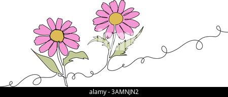 Pink Flowers with Curly Lines Line Drawing Stock Vector