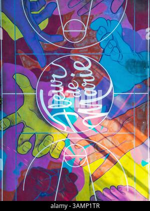 Willemstad, Curacao - 01 January 2024: Aerial view of vibrant and colorful basketball court with abstract design, Fleur De Marie, Willemstad, Curacao. Stock Photo