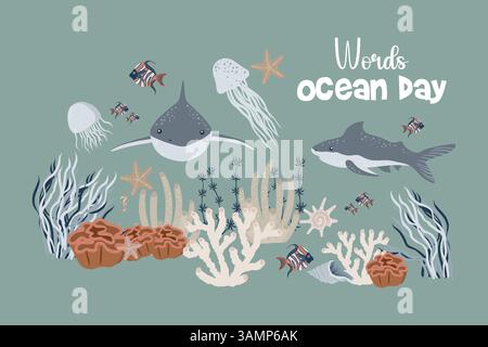 World Ocean day Concept Art. Illustration of underwater world with sharks, fish, seaweed and sea creatures. Vector illustration Stock Vector