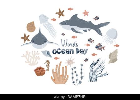 World Ocean day card on a white background. Illustration of underwater world with sharks, fish, seaweed and sea creatures. Vector illustration Stock Vector