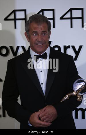 Actor Mel Gibson accepts the Crystal Globe for Outstanding Artistic Contribution to World Cinema during the opening of the 49th Karlovy Vary International Film Festival at Hotel Thermal in Karlovy Vary, Czech Republic, on 04 July 2014 Stock Photo