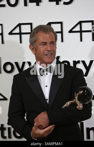Actor Mel Gibson accepts the Crystal Globe for Outstanding Artistic Contribution to World Cinema during the opening of the 49th Karlovy Vary International Film Festival at Hotel Thermal in Karlovy Vary, Czech Republic, on 04 July 2014 Stock Photo