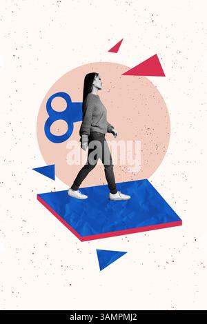 Trend artwork sketch design montage 3D collage of mechanical key puppet toy young lady walk mechanism recruitment business manager Stock Photo