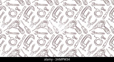 Seamless pattern of construction tool including drill, pliers, wrench, clamp and screwdriver in line art style on white background for industrial and Stock Vector