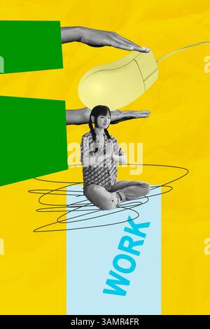 Template sketch image composite artwork collage of workspace job human resources office manager young lady meditate hand hold mouse cursor Stock Photo