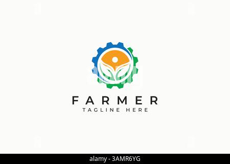 Farmer Logo Factory Mechanical Agricultural Organic Natural Industry Product Stock Vector